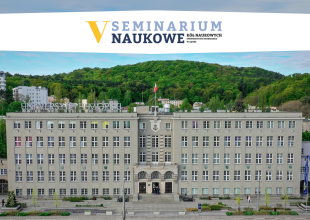 Plansza ze zdjęciem budynku UMG i hasłem V seminarium kół naukowych UMG