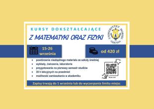 Plansza z ogłoszeniem na kursy doszkalające z fizyki i matematyki
