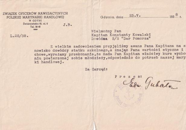 gratulacje od Związku Oficerów Nawigacyjnych PMH