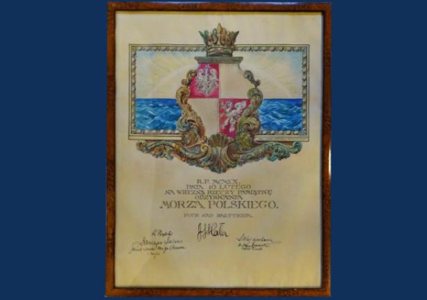 Kopia aktu zaślubin Polski z morzem. W zbiorach ST. Wyk. Anna Oleksiewicz, 1980 r.