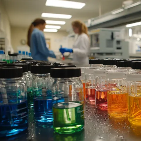 Rząd kolorowych butelek, w tle pracownice laboratorium